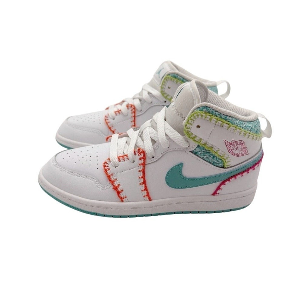 NWOB Air Jordan 1 Mid SE Pre-School Kids White Multicolor Knit Sneakers Size 3Y